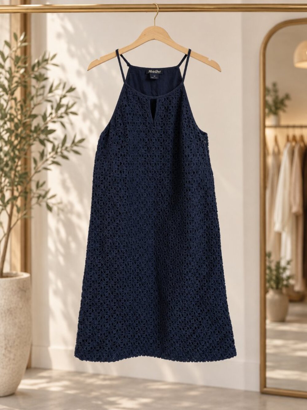 Lucky Brand Navy Eyelet Cotton Shift Mini Dress XS High Neck 7WD4946
